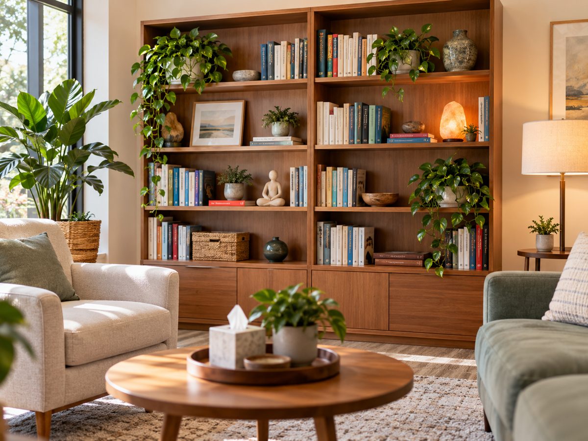 Estante com livros e poltronas no consultório