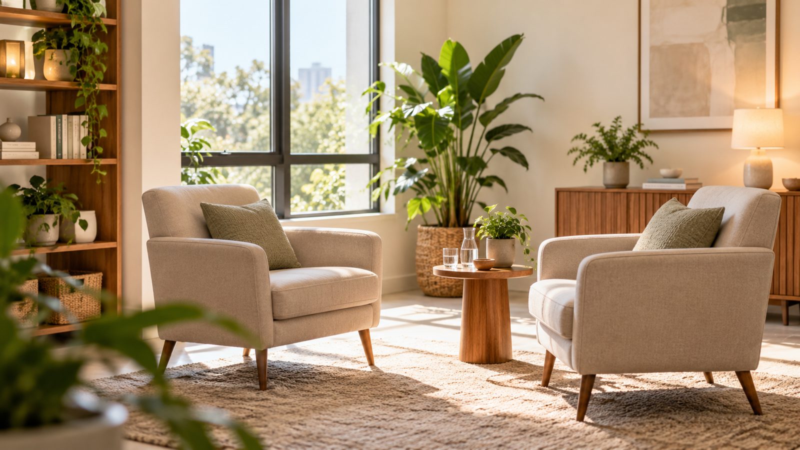 Consultório de psicologia acolhedor com poltronas e plantas